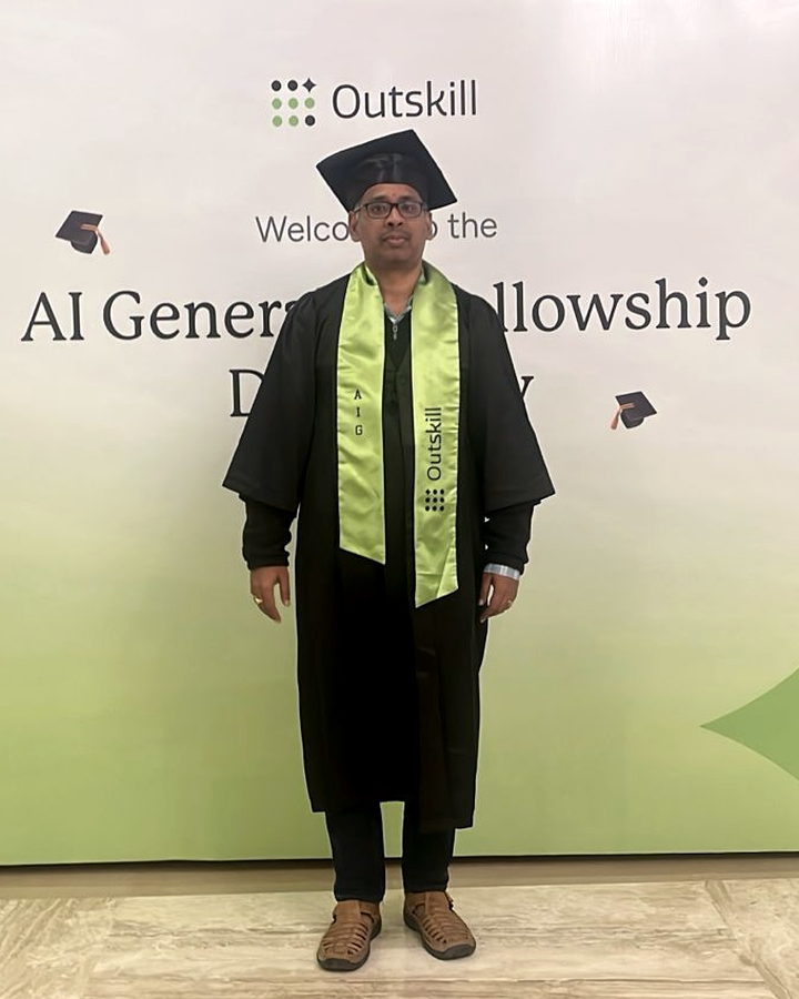 Aditya Sriram Mattaparthi in cap, gown and stole at the Outskill AI Generalist Fellowship Demo Day