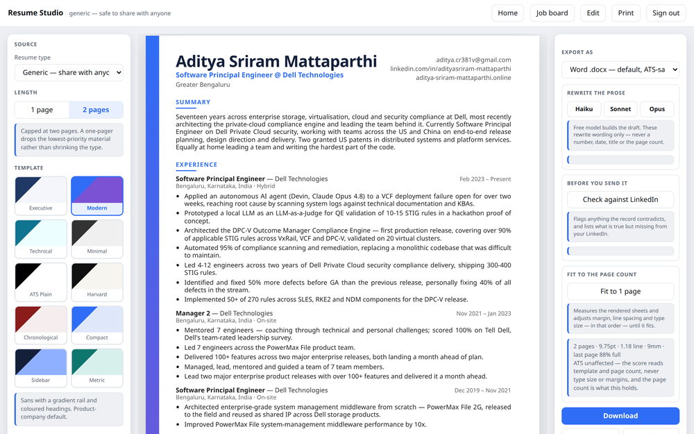 Resume Studio — templates, live preview and the ATS panel. Seeded fixtures; phone number withheld.